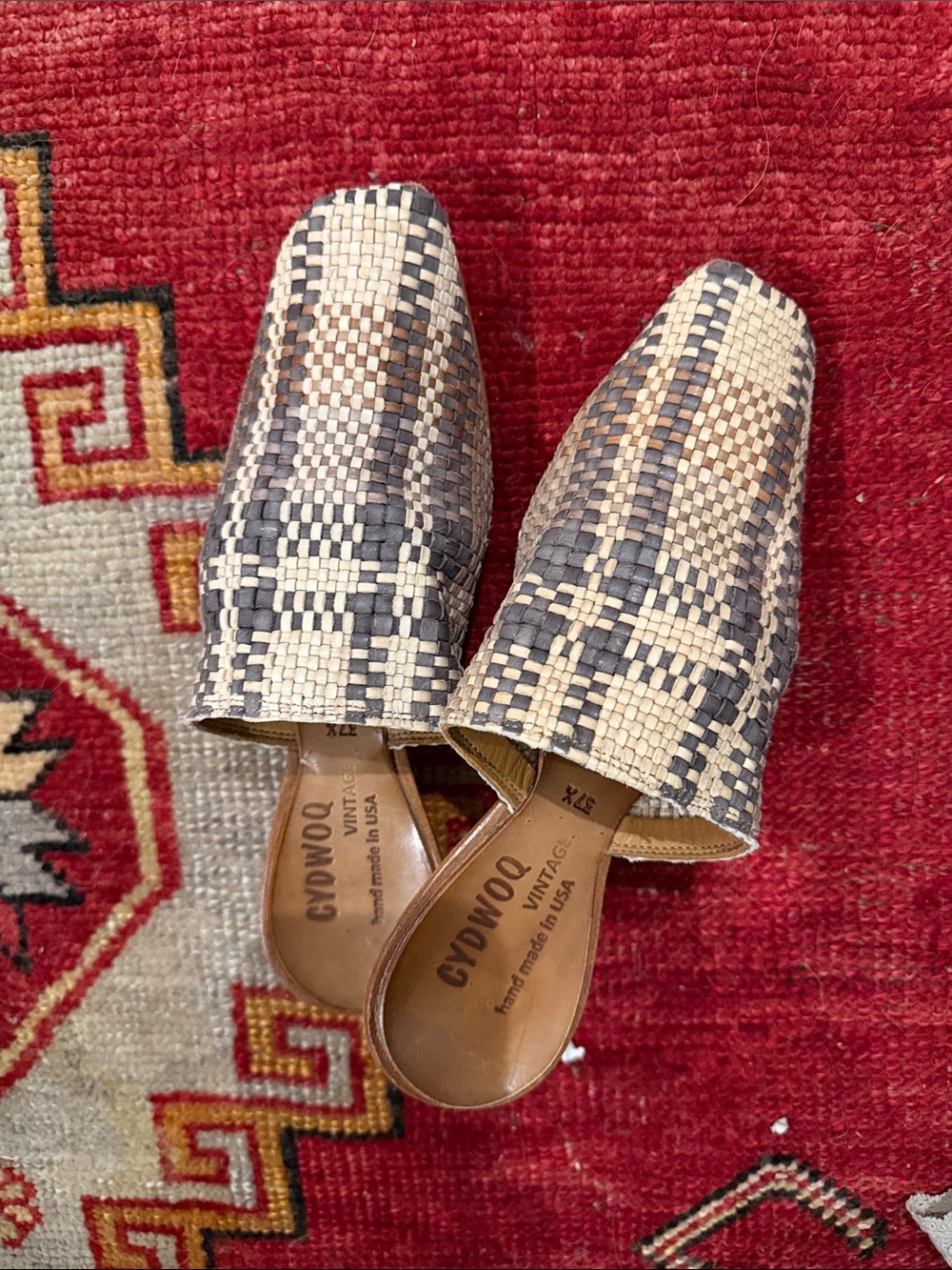 Woven Beige & Brown Leather Slip-On Mules